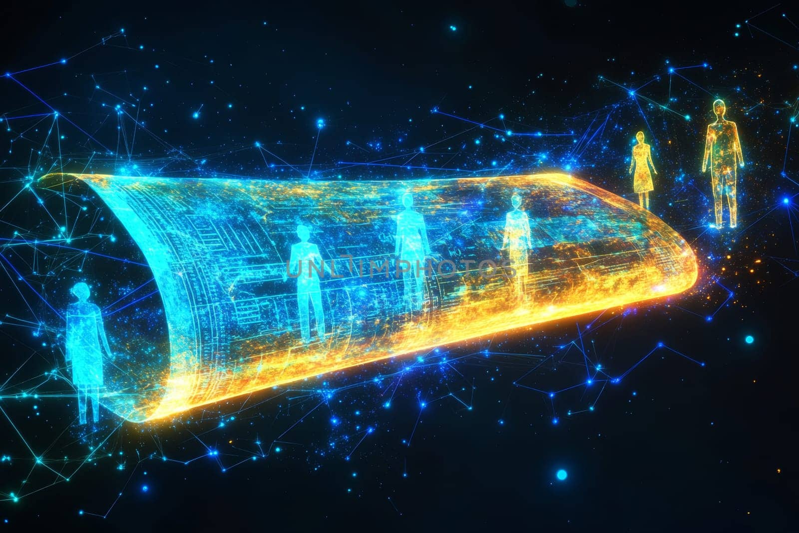 A futuristic will displayed as a glowing holographic document, with blue lines connecting it to family members.