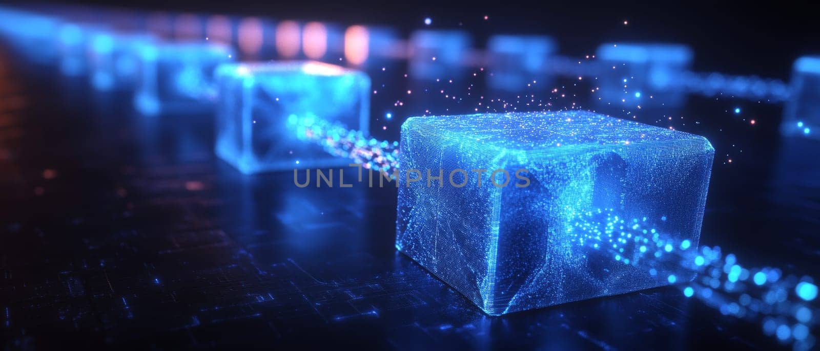 A glowing chain of blue blocks, each representing a family member’s digital estate, connected by holographic lines.