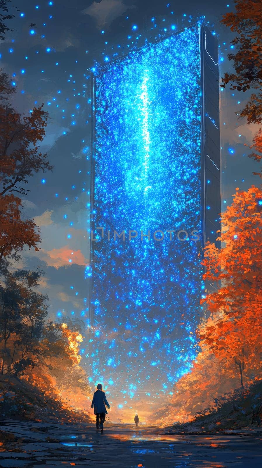 A giant glowing screen with blue particle effects is fading, while a person walks away into a peaceful natural scene.