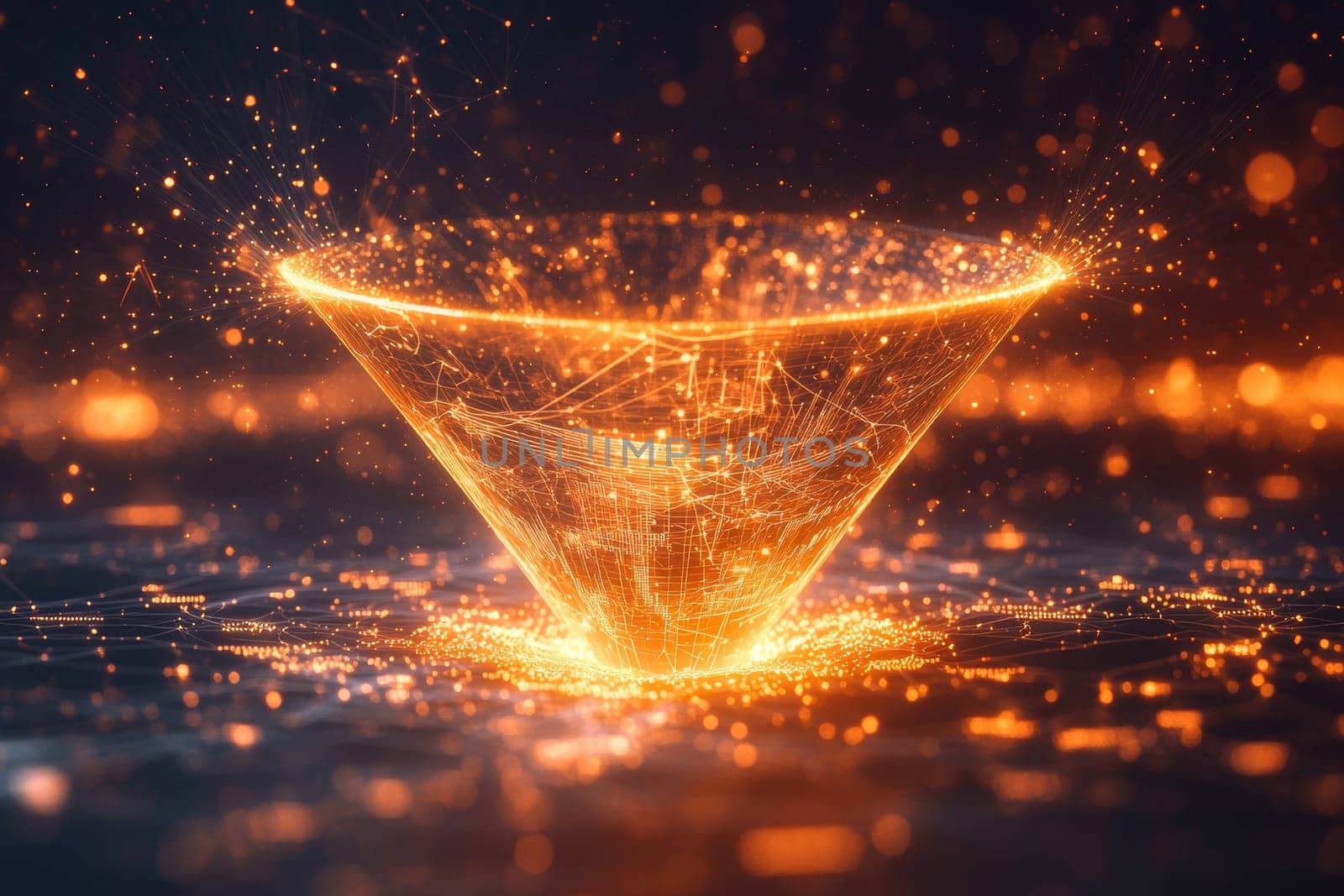 A glowing funnel made of digital lines and particles pulls in chaotic data streams from all directions, filtering them into clean, organized charts and graphs, representing the process of analyzing marketing data for insights.