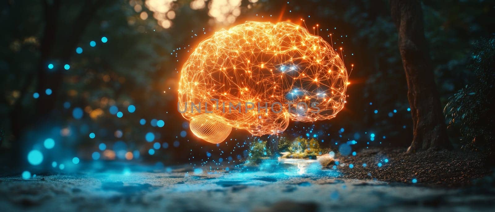 A glowing brain with digital connections and holographic overlays slowly fades as blue particles flow away.
