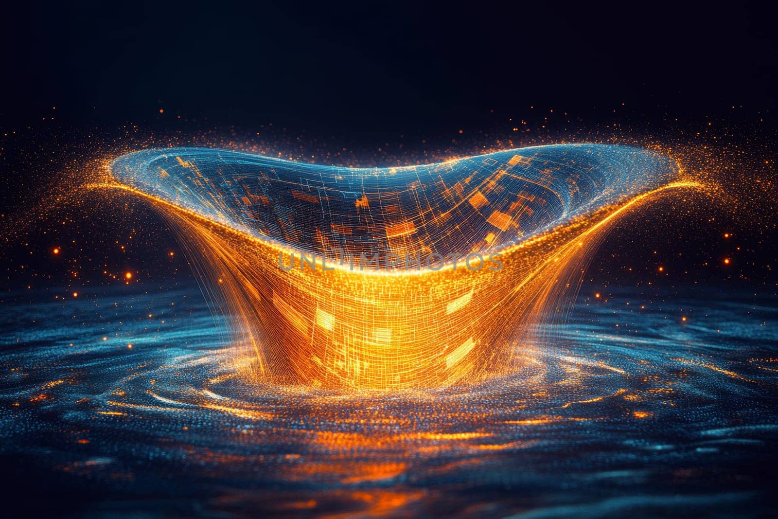 A glowing funnel made of digital lines and particles pulls in chaotic data streams from all directions, filtering them into clean, organized charts and graphs, representing the process of analyzing marketing data for insights.