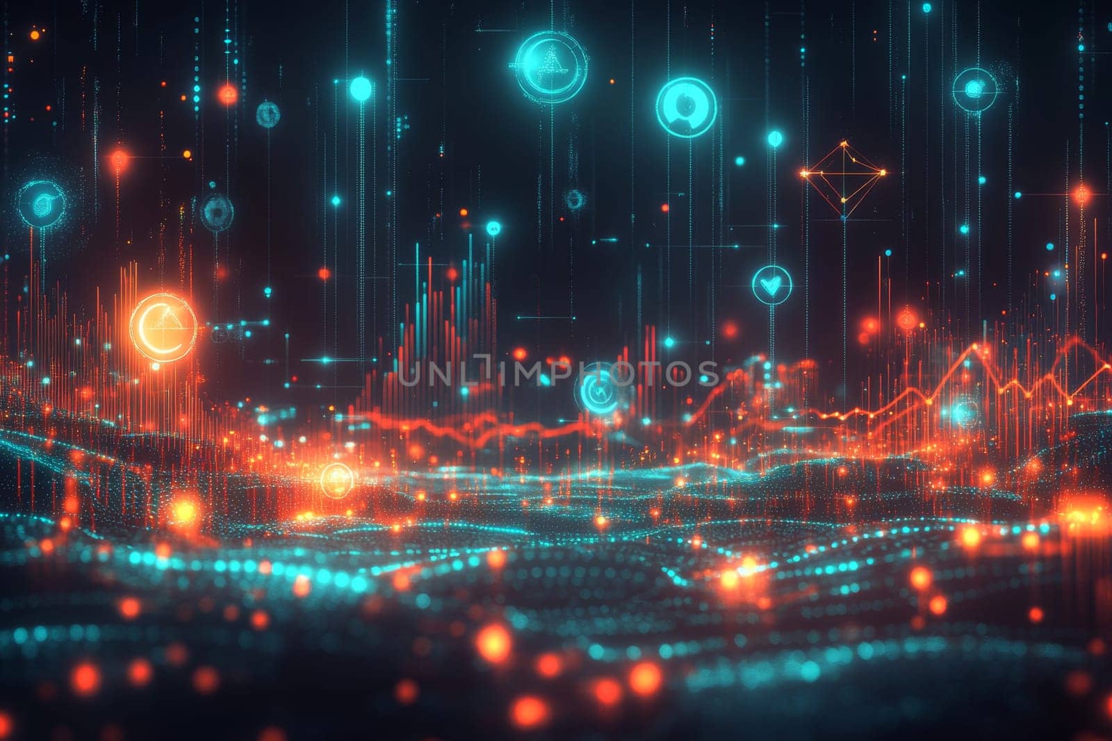 An abstract landscape filled with floating, glowing graphs and pie charts connected by lines and dots.