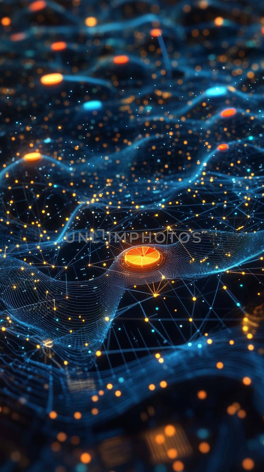 An abstract landscape filled with floating, glowing graphs and pie charts connected by lines and dots.