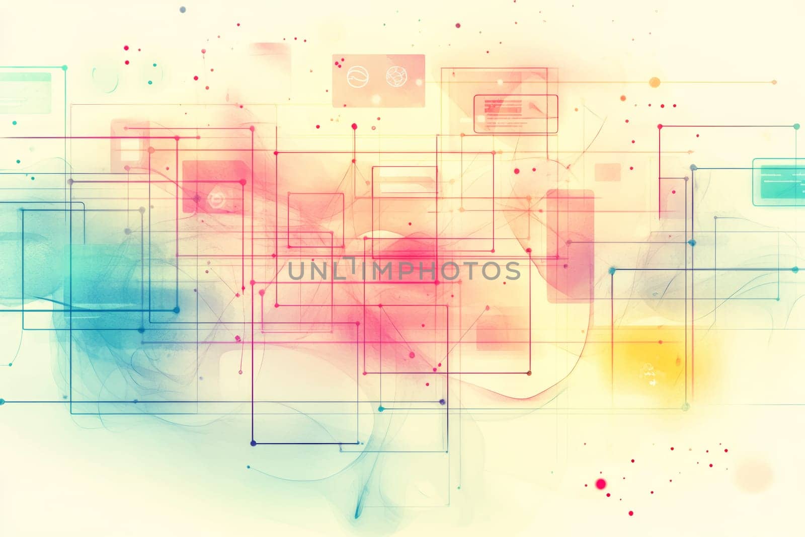 An abstract grid made of glowing lines and shapes, representing a design framework, is overlaid with transparent UI elements and flowing particle streams.