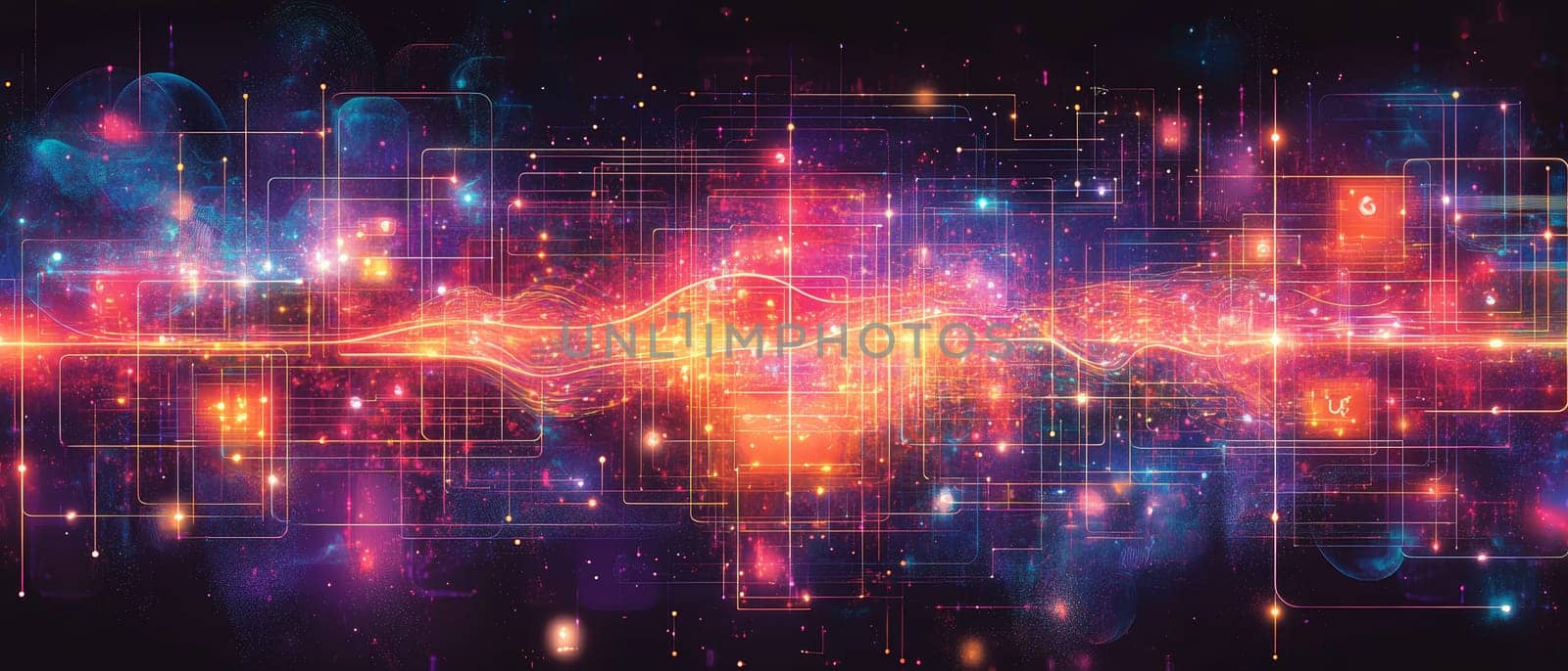 An abstract grid made of glowing lines and shapes, representing a design framework, is overlaid with transparent UI elements and flowing particle streams.