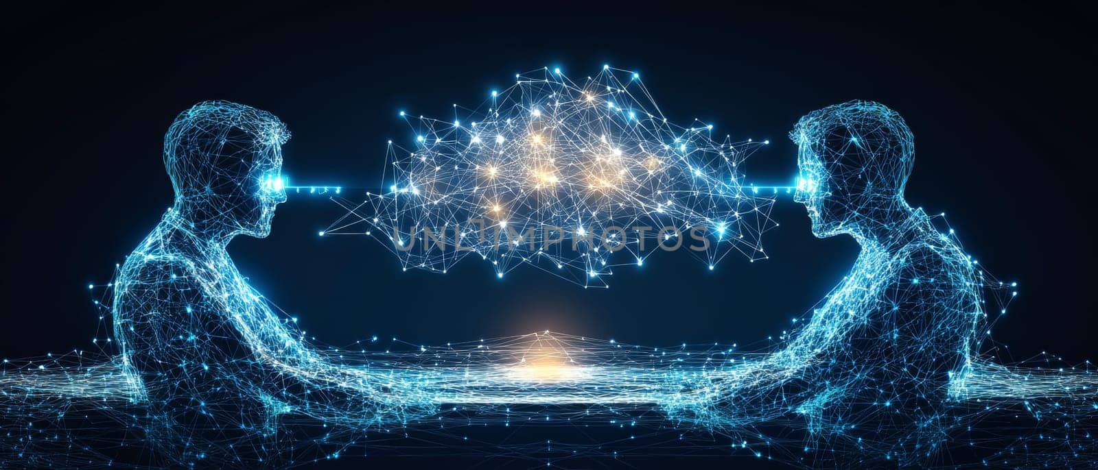 Two holographic figures representing diplomats are seated across a table, connected by a glowing, digital data stream.