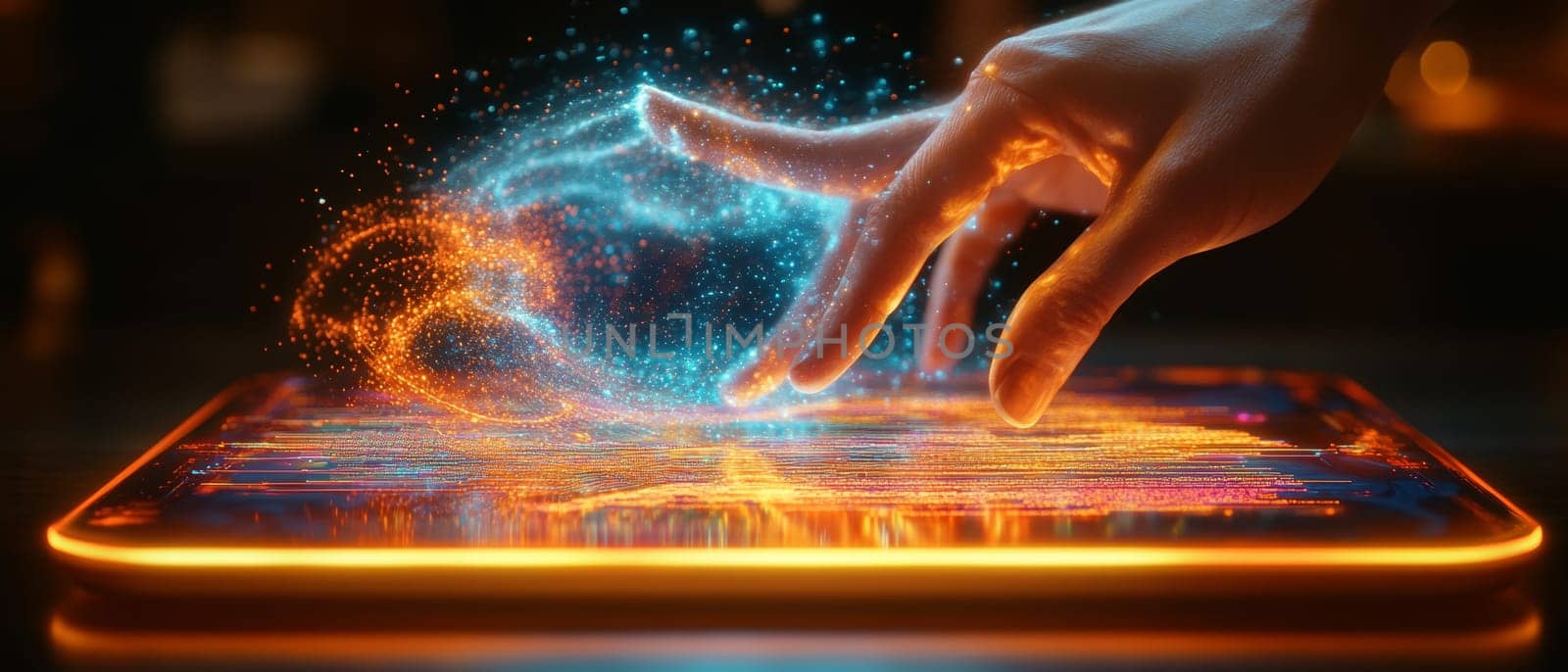 An artist’s hand reaches out toward a holographic tablet, where lines of code morph into an intricate digital artwork.