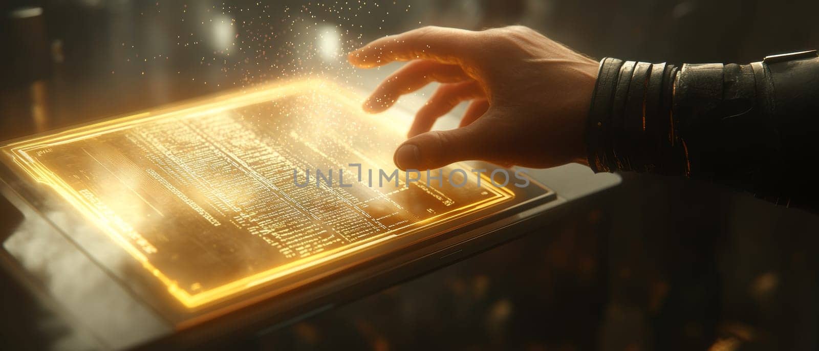 An artist’s hand reaches out toward a holographic tablet, where lines of code morph into an intricate digital artwork.