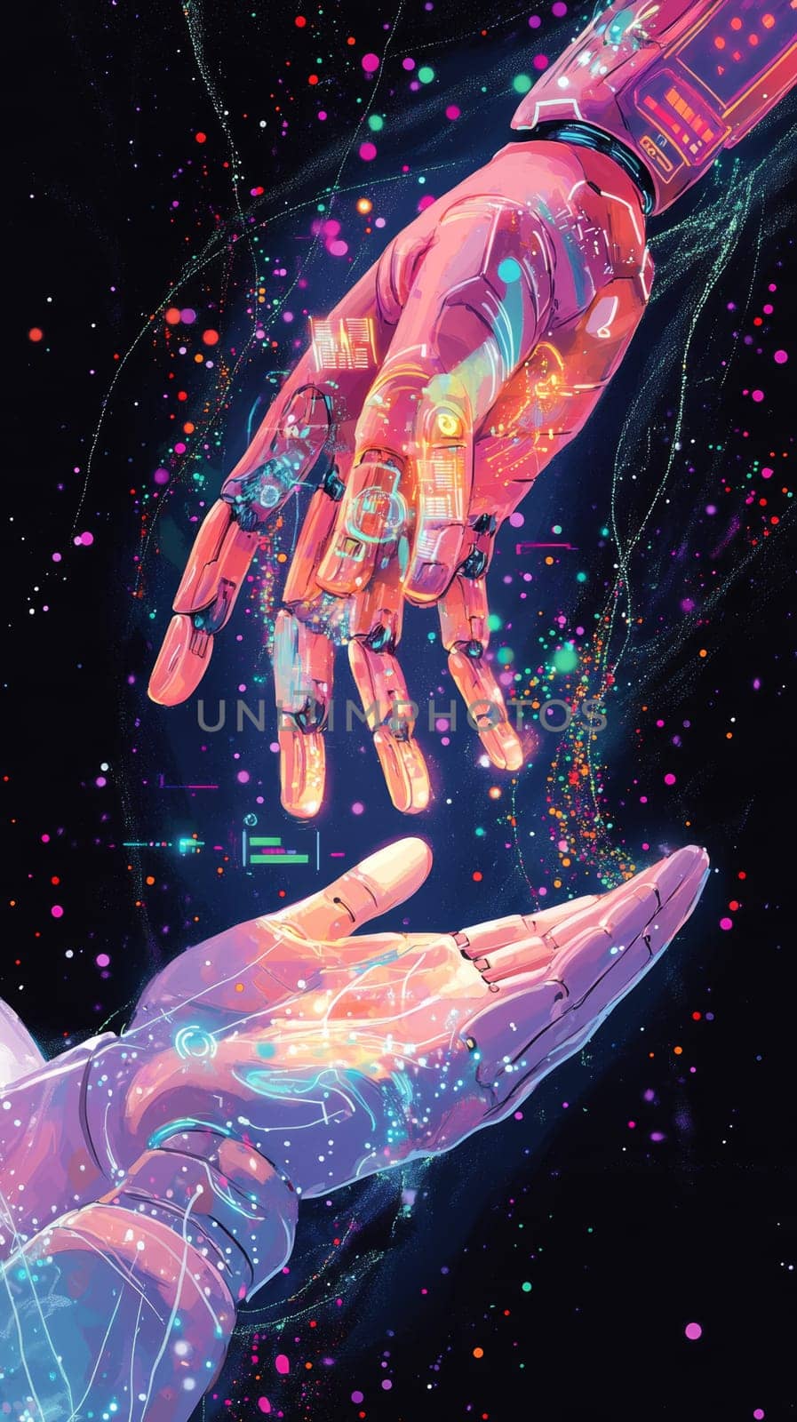 A robotic hand reaches out to a patient, with holographic data charts and particle effects swirling between them, representing AI-driven diagnostics and digital transformation in medical care.