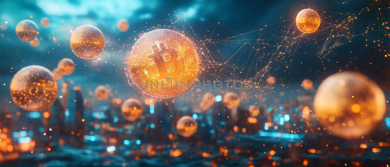 A complex web of interconnected tokens floats over a futuristic cityscape.