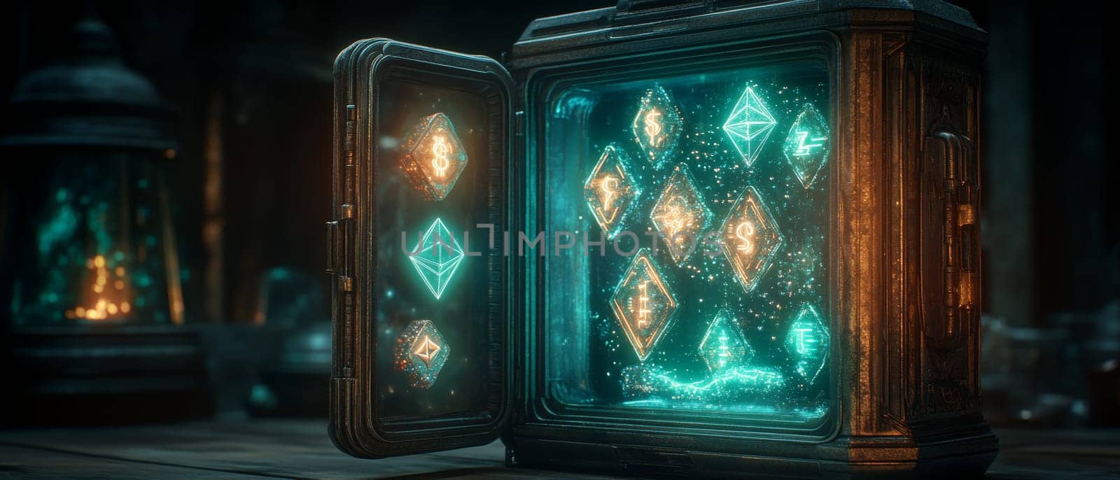 A futuristic vault opens to reveal assets as floating tokens inside.