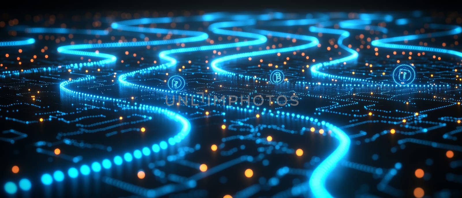 A maze-like path made of glowing blockchain ledgers and circuits, with digital tokens representing real-world assets floating along.