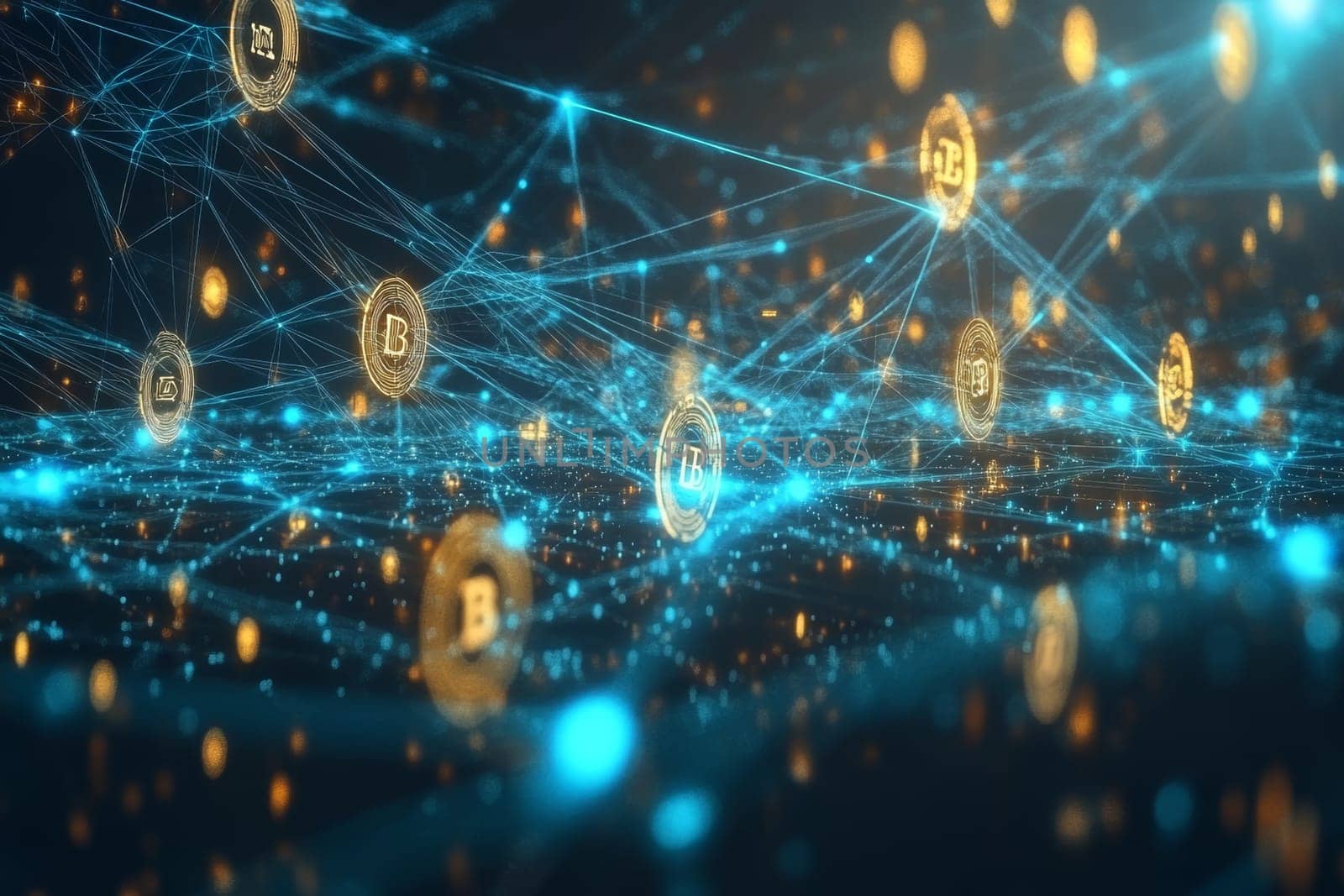 A digital marketplace filled with floating assets in the form of tokens, each connected by lines of blockchain data.