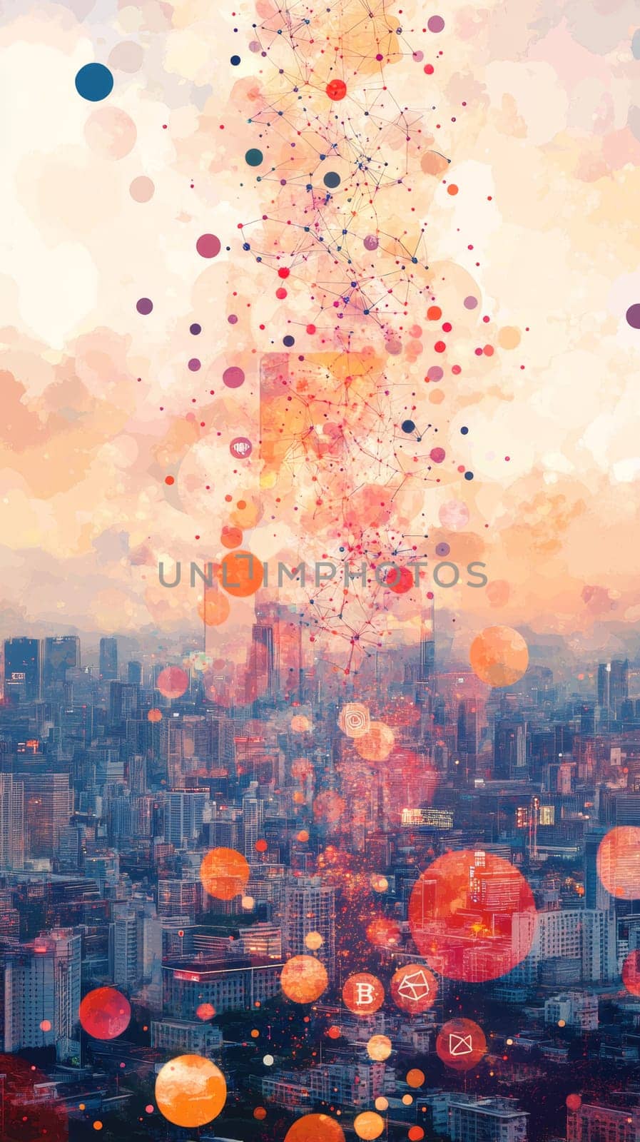 A complex web of interconnected tokens floats over a futuristic cityscape.