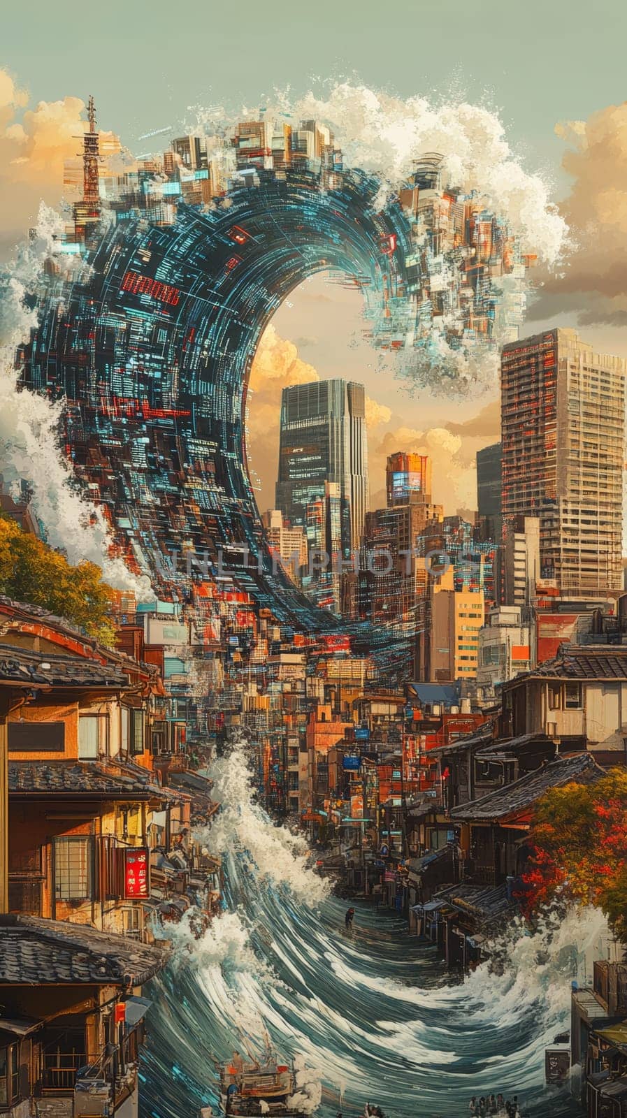 A massive digital wave composed of code and circuits washes over a traditional cityscape.
