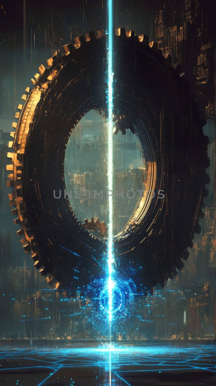 A large cog, representing traditional industry, is split in half by a beam of light, revealing a glowing digital core beneath.