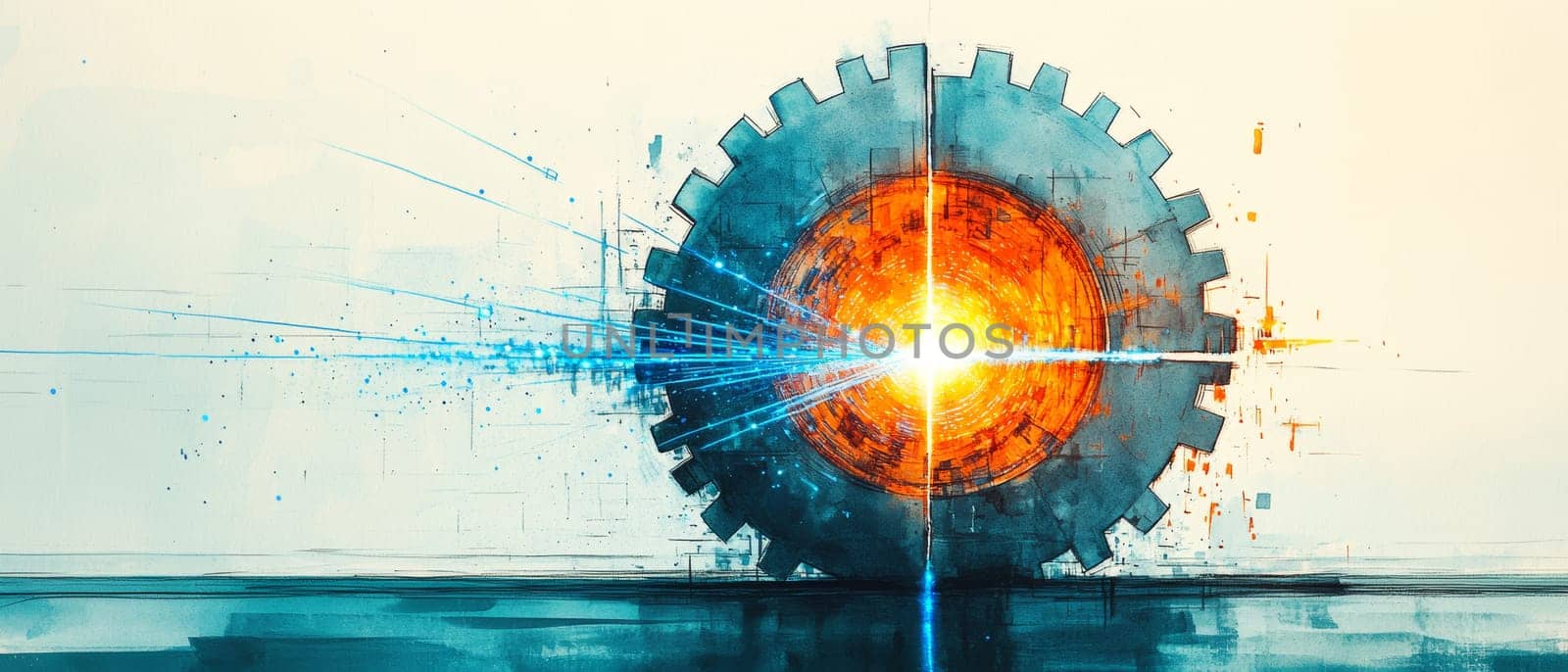 A large cog, representing traditional industry, is split in half by a beam of light, revealing a glowing digital core beneath.