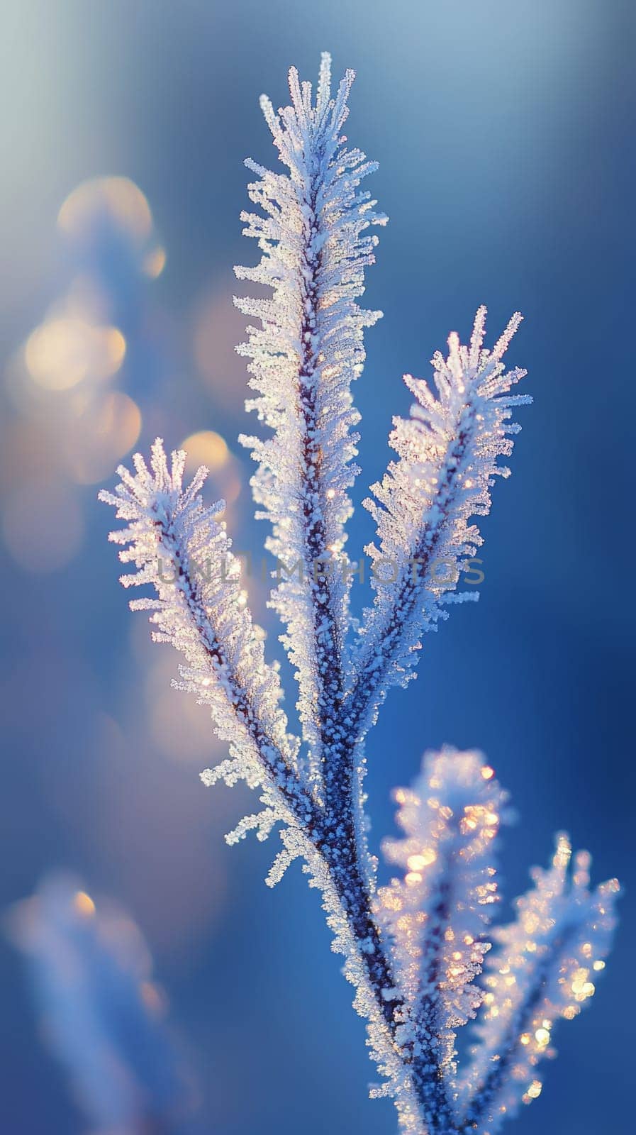 A close-up of evergreen needles coated in frost, each needle sharply defined, sparkling in the early morning sunlight, capturing the delicate beauty of winter.
