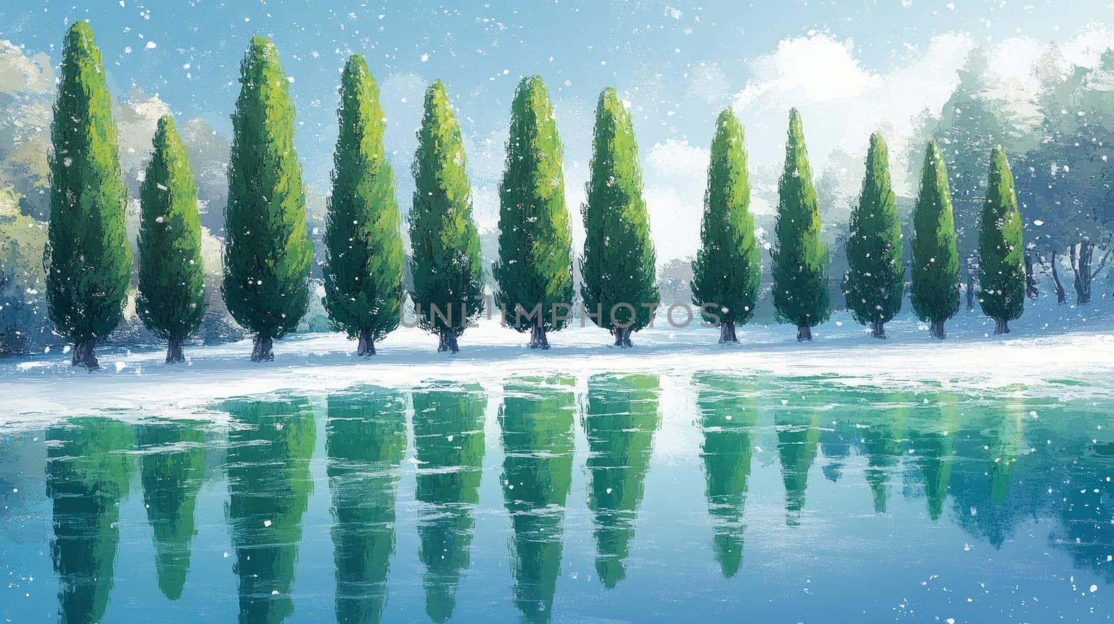 Evergreen trees lining the edge of a frozen lake, their green reflections visible in the crystal-clear ice, with snow softly falling in the background.