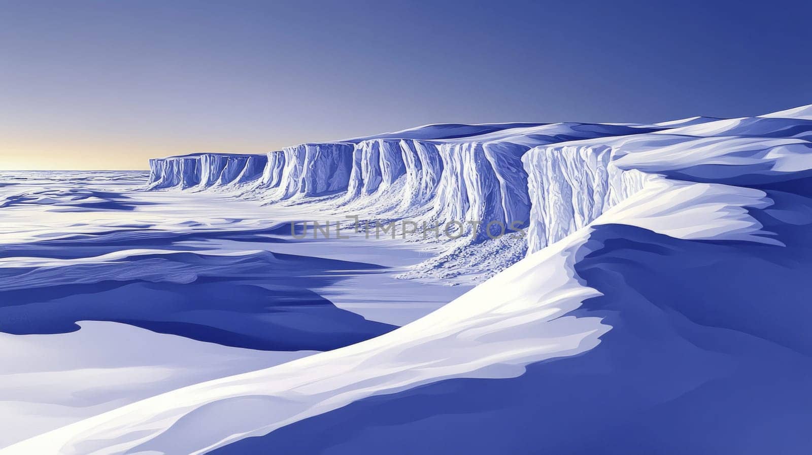 A sharp, snow-covered mountain ridge cutting across the scene, its icy cliffs highlighted by the low winter sun, casting deep shadows on the snow below.