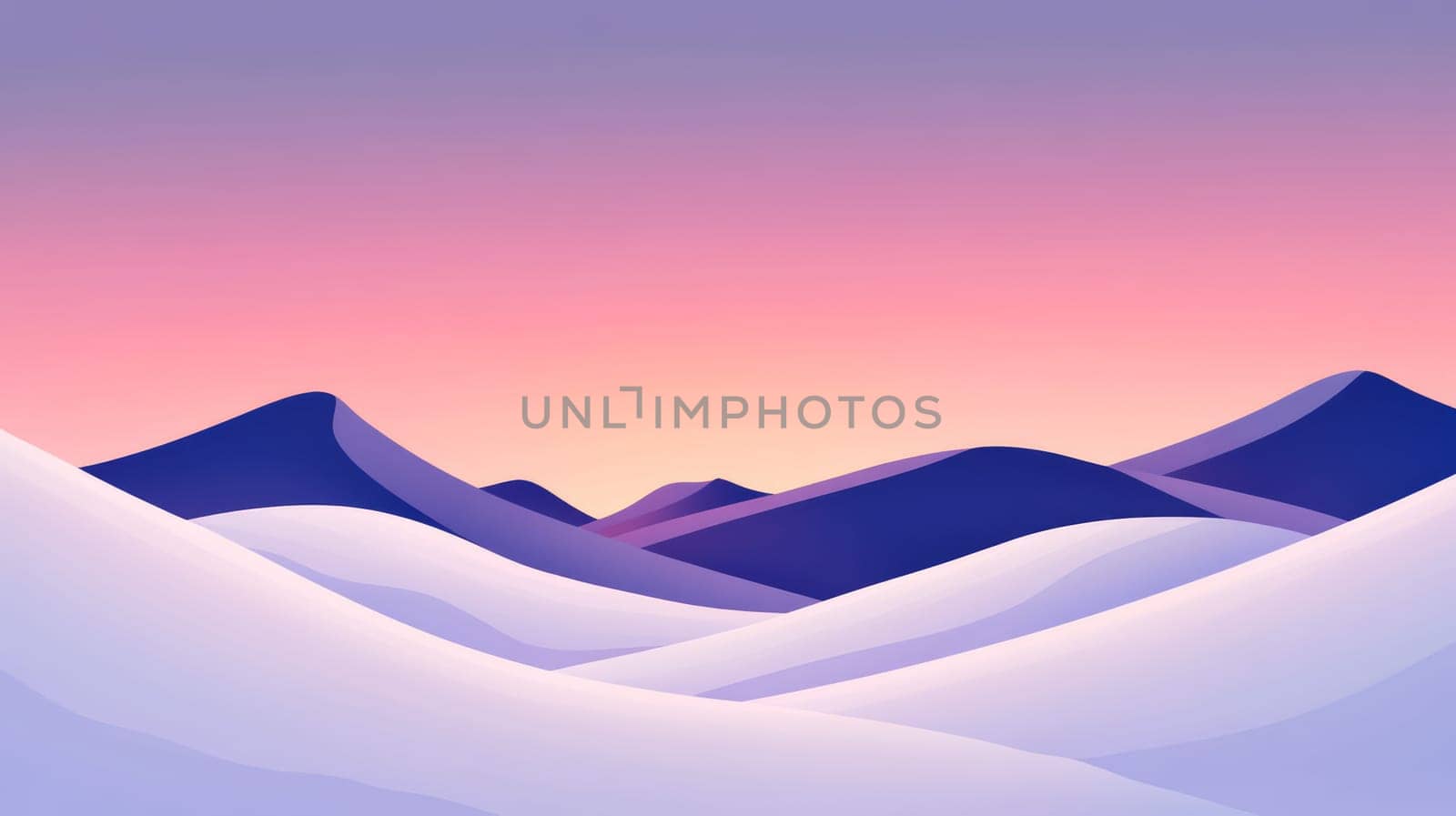 Snow-covered mountain silhouettes at dusk, with the soft pink and purple hues of the fading sunset reflecting off the pristine snow, creating a peaceful twilight.