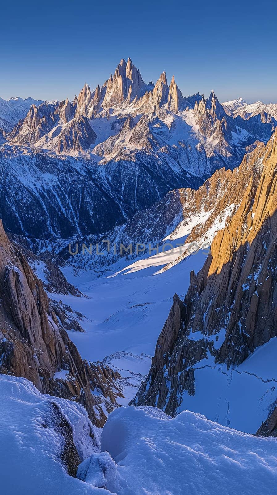 A panoramic view of a mountain range blanketed in snow, with the sun casting long shadows across the peaks and valleys, creating a dramatic and serene landscape.