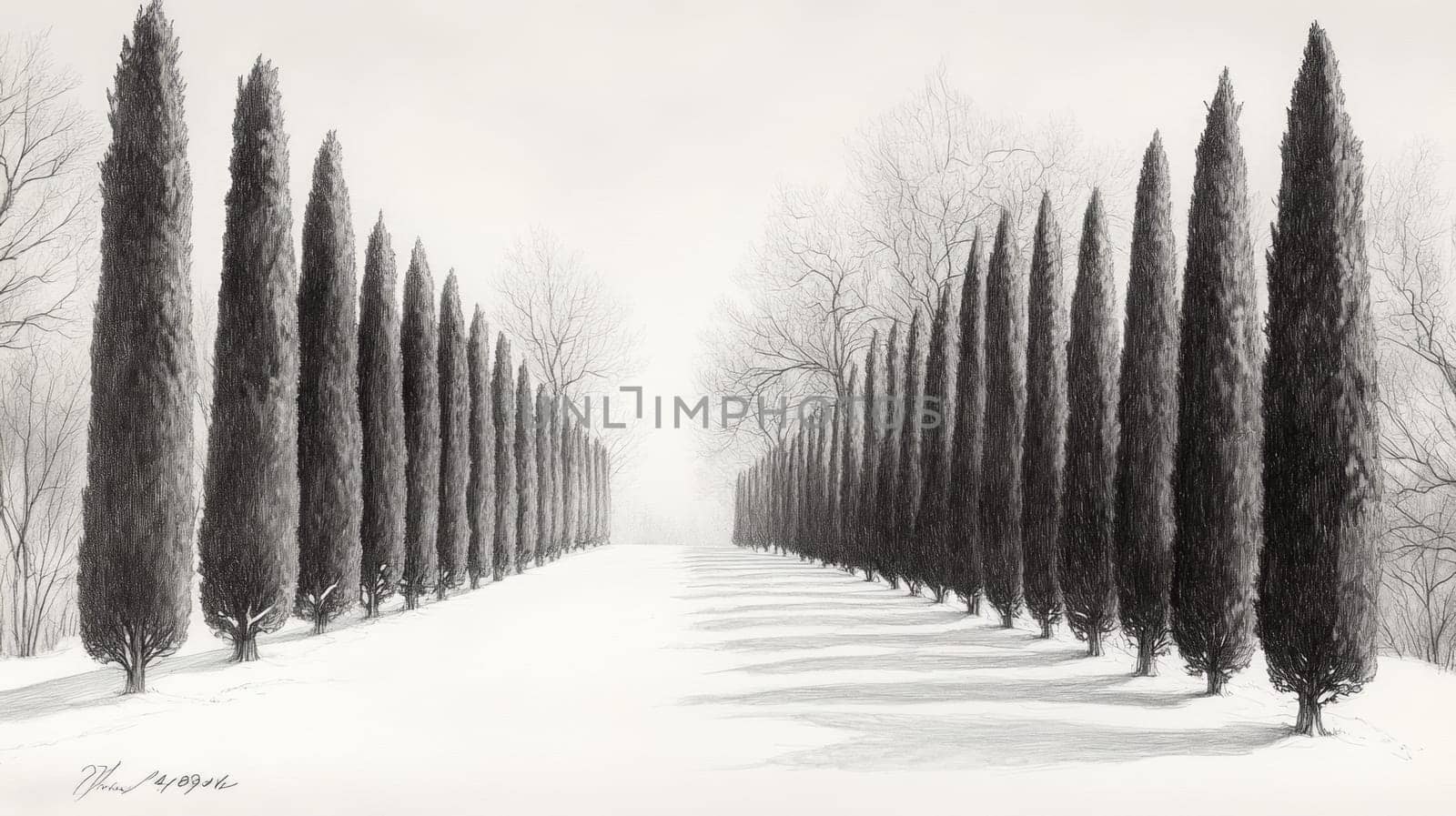 A row of evergreen trees lining a snow-covered path in a quiet forest, standing tall and steady as if guarding the stillness of the winter landscape.
