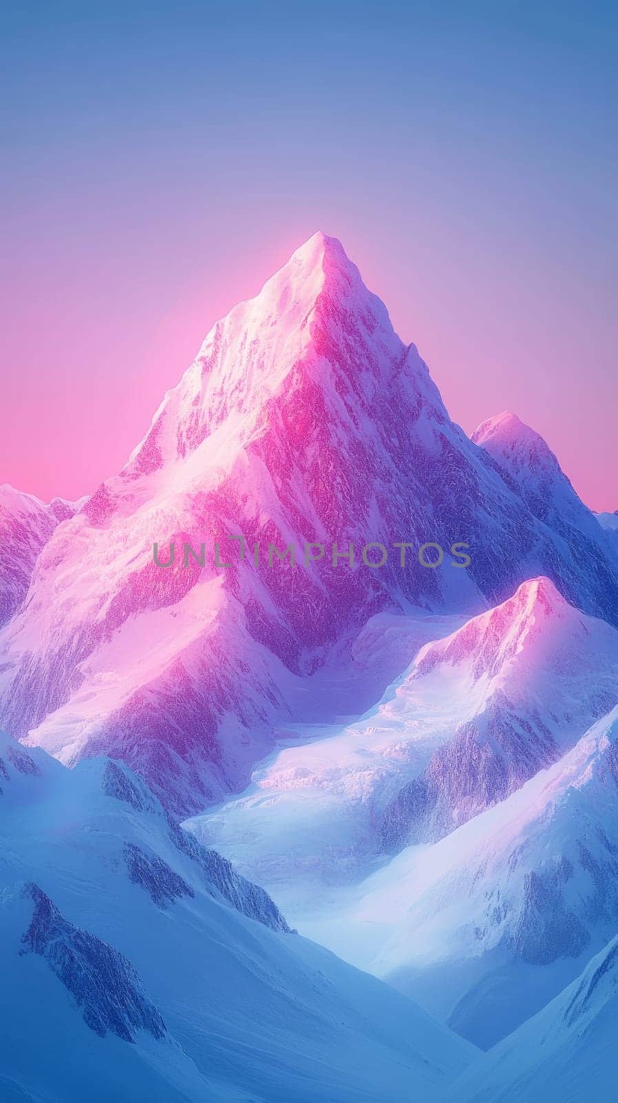 Snow-covered mountain peaks glowing with a soft pink hue as the last light of the day touches their summits, creating a breathtaking and magical moment.