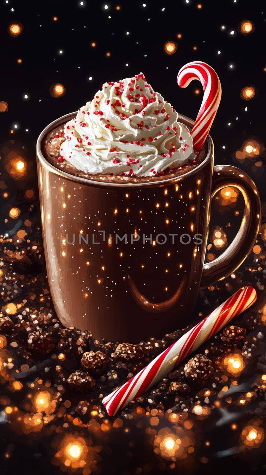 A mug of hot cocoa topped with whipped cream, a candy cane resting on the side, and peppermint crumbles sprinkled on top, surrounded by twinkling holiday lights.