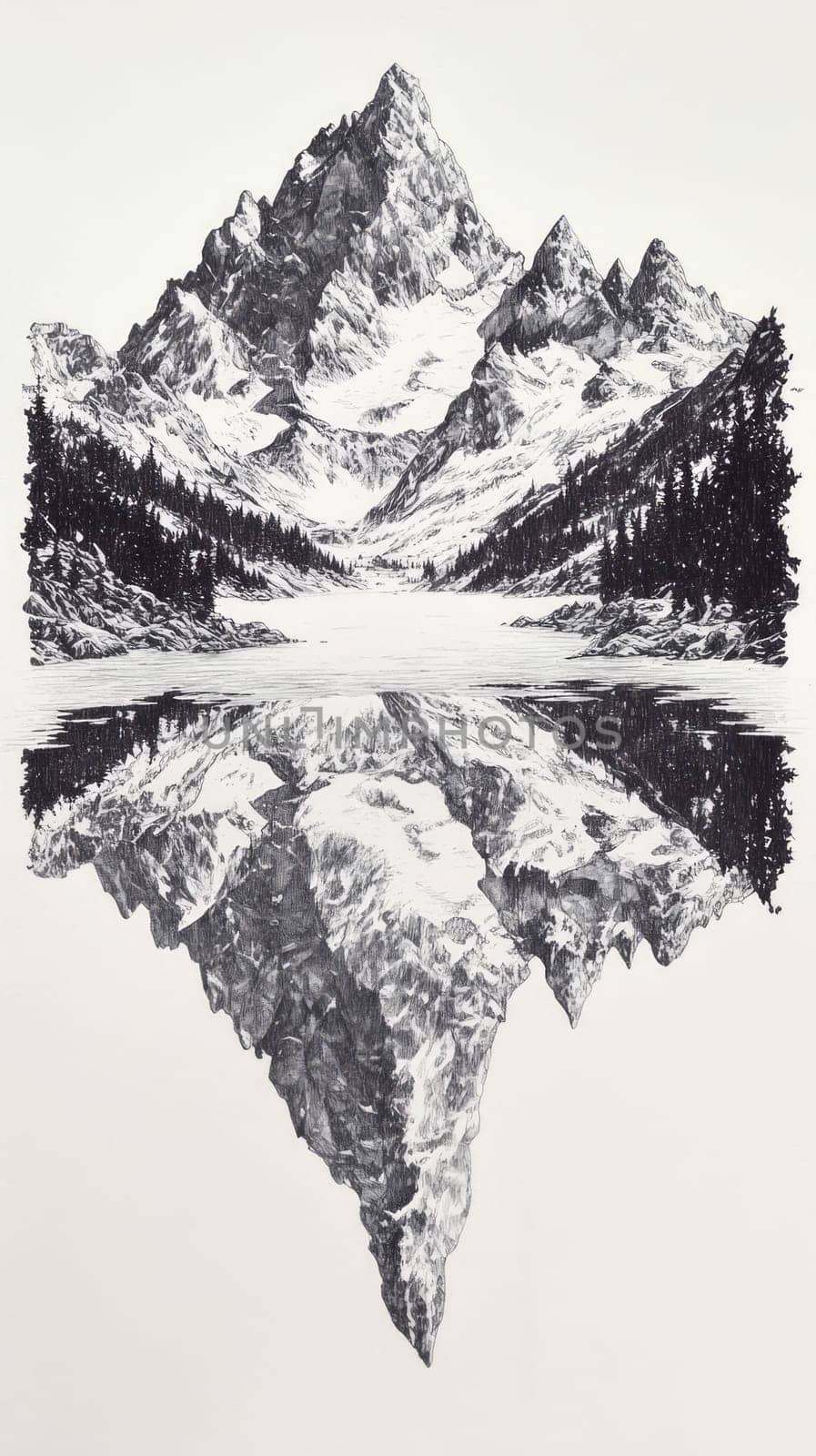 A snow-covered mountain range reflecting perfectly in the still, glass-like surface of a frozen lake, creating a mirror image of the majestic peaks above.