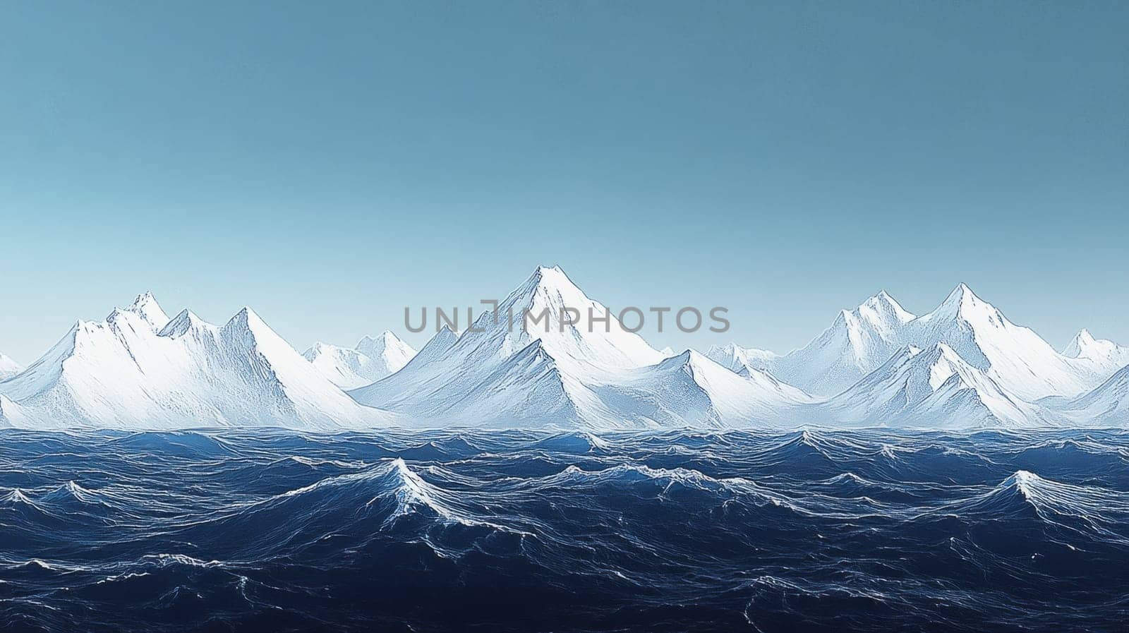 A distant view of snow-covered mountains stretching across the horizon, their white summits contrasting with the deep blue of the sky above.