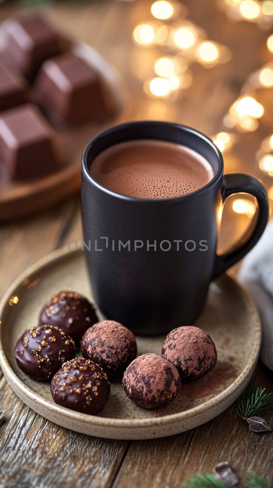 A rich, dark mug of hot cocoa placed beside a plate of chocolate truffles, illuminated by the soft glow of fairy lights, creating a luxurious evening moment.