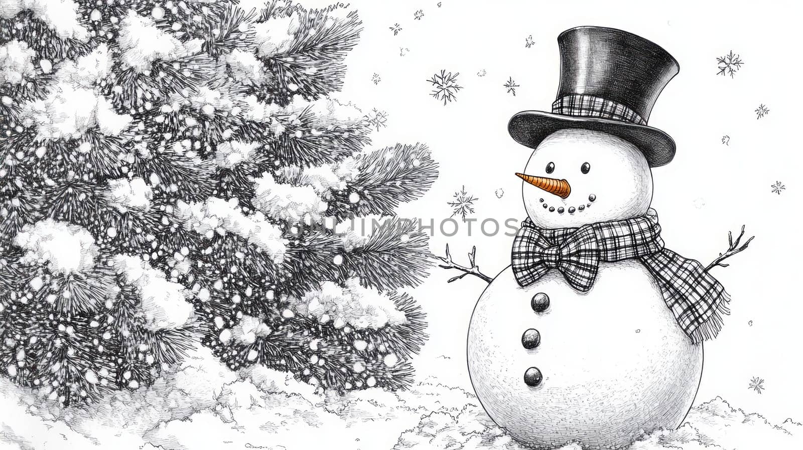 A stylish snowman wearing a top hat, bow tie, and a plaid scarf, standing proudly in front of a snow-covered evergreen tree, with fresh snowflakes falling.