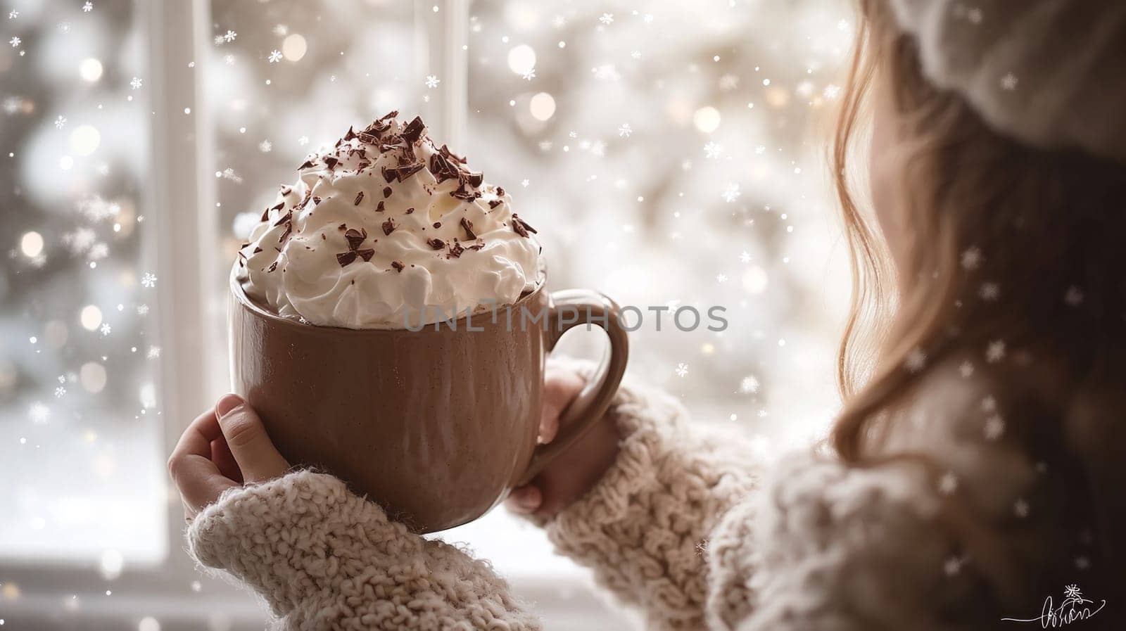A child holding a large mug of hot cocoa, topped with whipped cream and chocolate shavings, sitting by a window with snowflakes swirling outside.