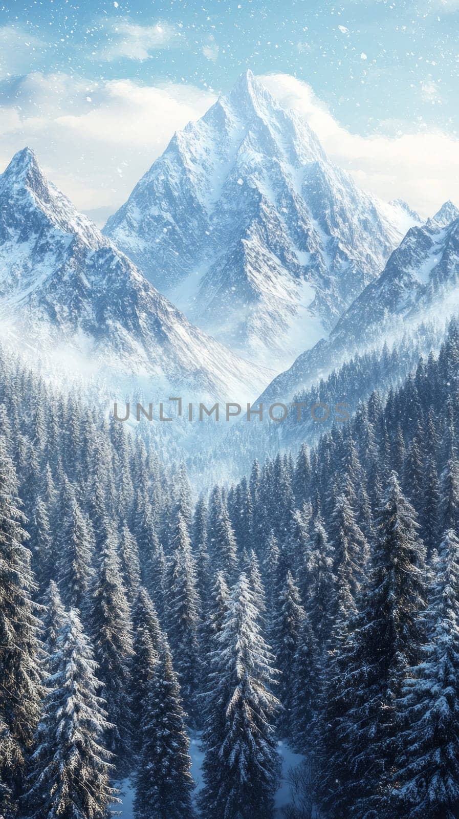 Snow-covered mountains towering silently over a dense evergreen forest, the trees dusted with snow, creating a tranquil and untouched winter scene.
