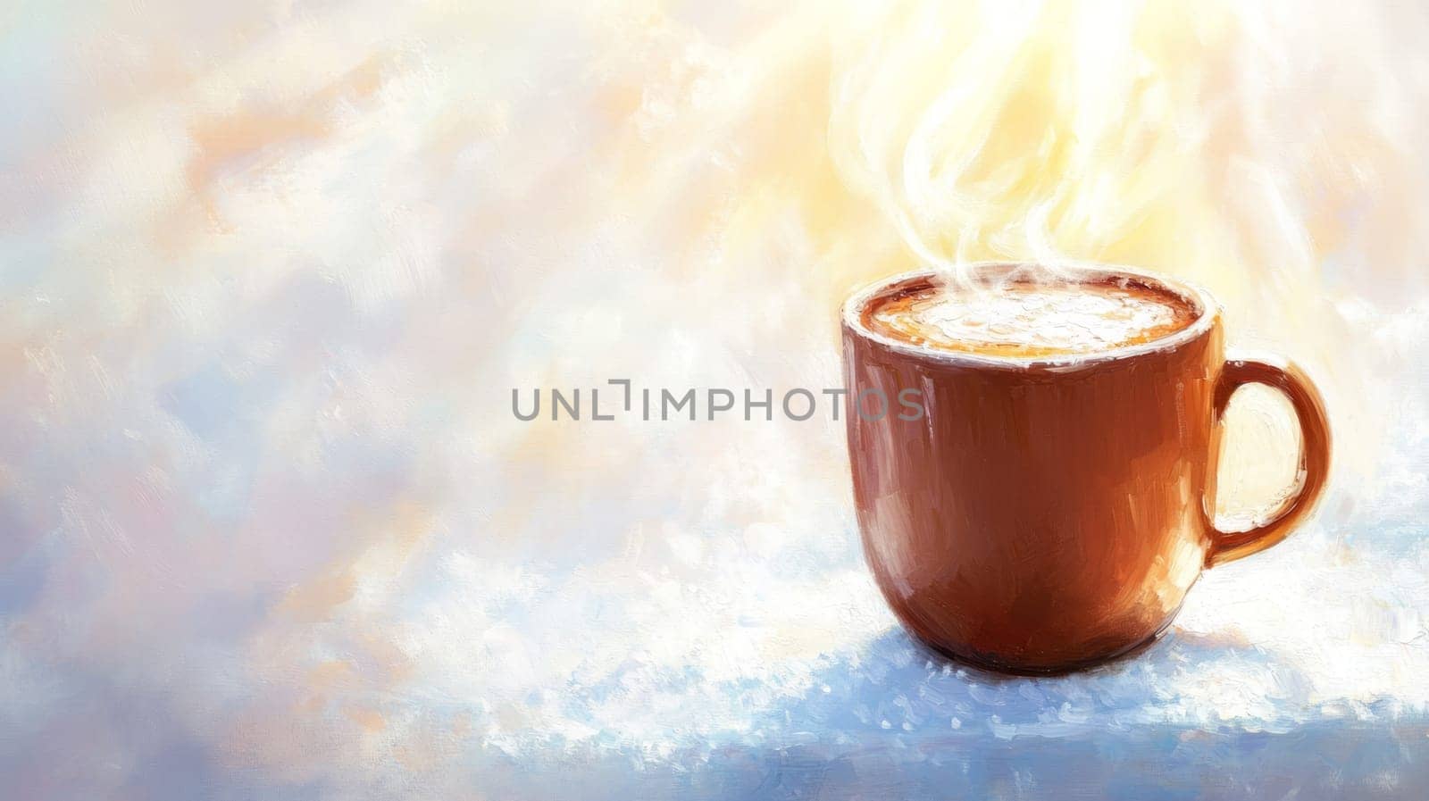 A steaming mug of hot cocoa on a frosted windowsill, with sunlight streaming in and casting a golden glow on the warm, rich beverage.