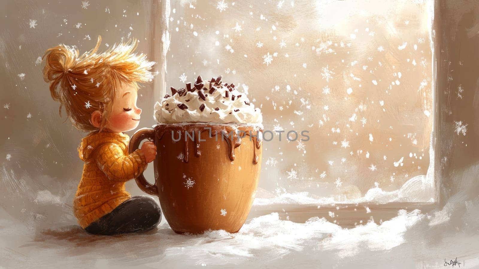 A child holding a large mug of hot cocoa, topped with whipped cream and chocolate shavings, sitting by a window with snowflakes swirling outside.