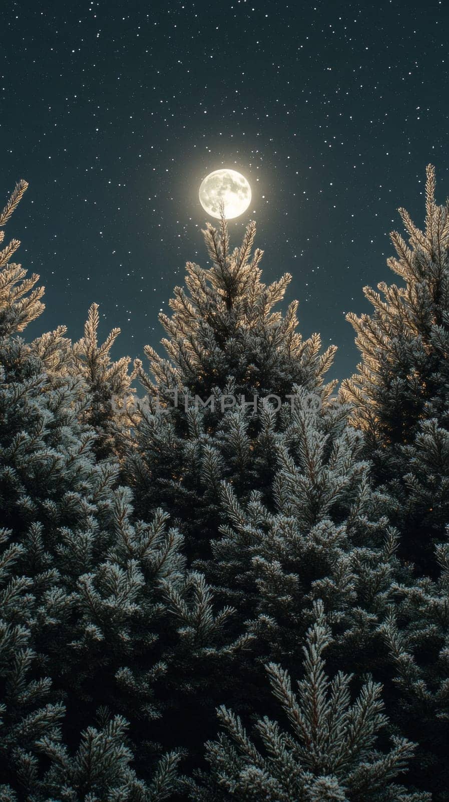 Evergreen trees bathed in silver moonlight, their frosted branches glistening under the night sky, creating an ethereal and quiet winter scene.