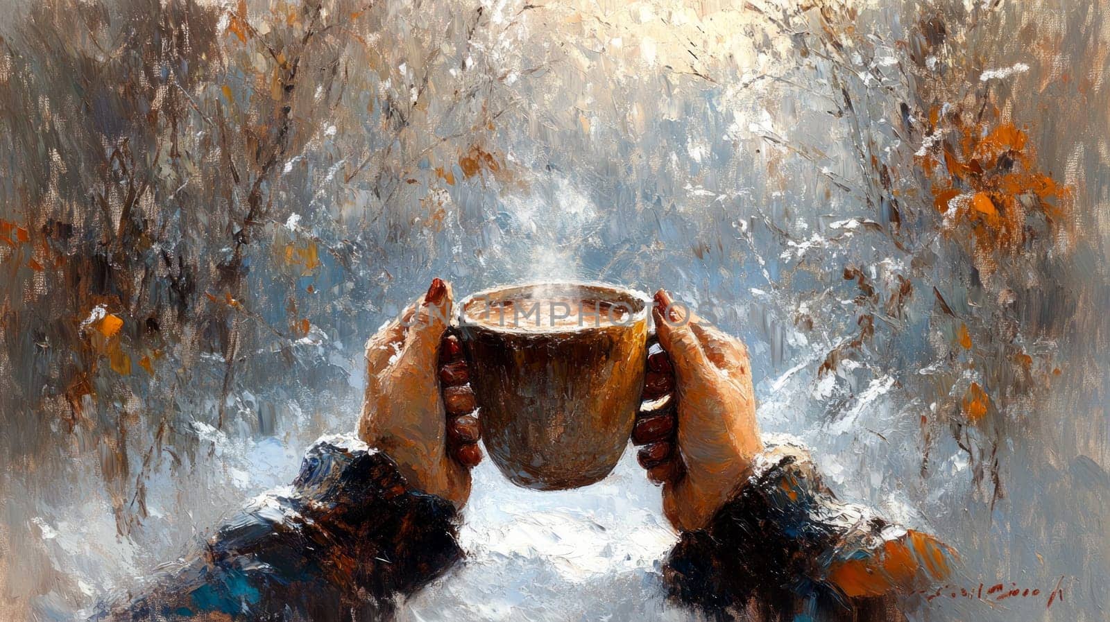 A person holding a warm mug of hot cocoa, hands wrapped around it for warmth, as snow gently falls outside a frosted window in the background.