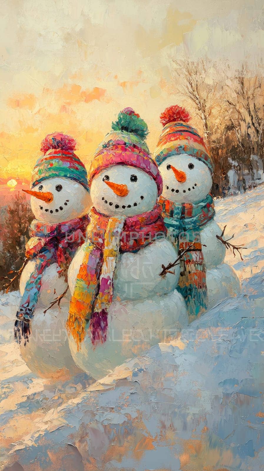 A group of three snowmen, each wearing colorful scarves and hats, standing side by side in a snowy field, with a soft sunset casting a warm glow over the scene.