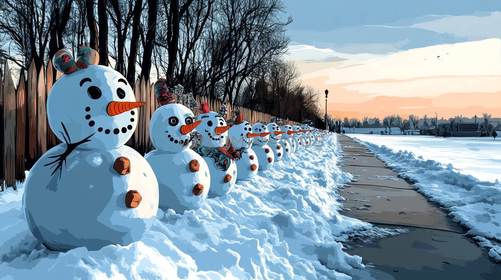 A row of small snowmen built by children, all with unique expressions and decorations, lined up along a snowy sidewalk after a day of playful fun.