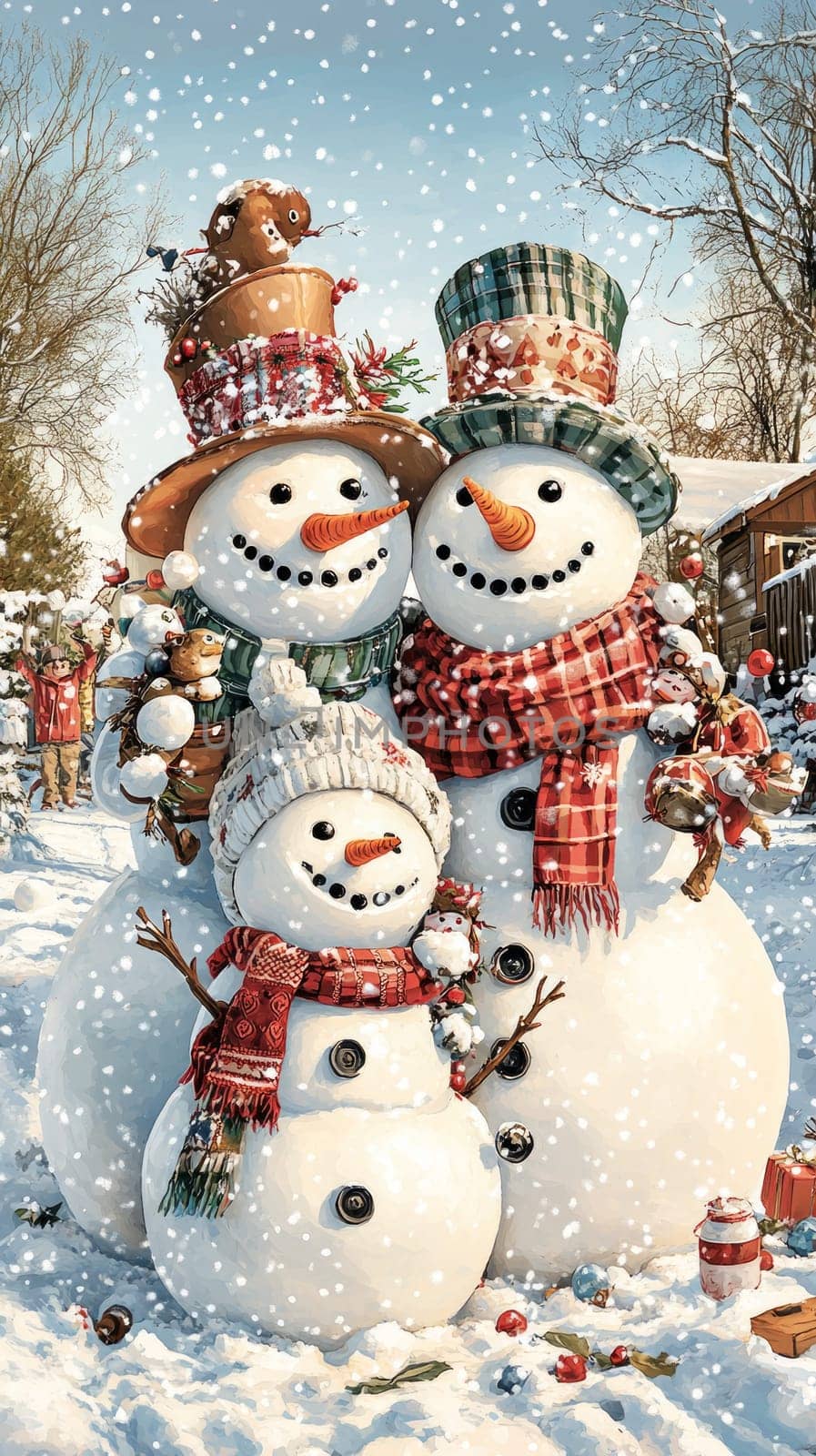 A family of snowmen—father, mother, and child—standing together in a snowy yard, each one adorned with unique accessories, with a snowball fight in the background.
