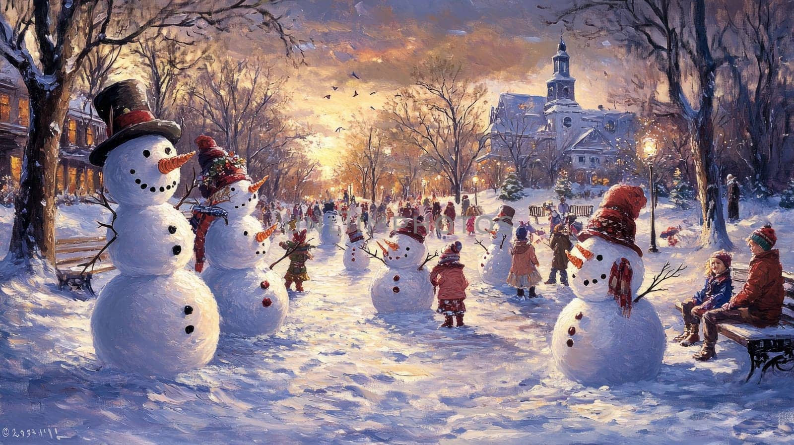 A group of snowmen of various sizes gathered in a park, with each one uniquely decorated, surrounded by children and families enjoying a day in the snow.