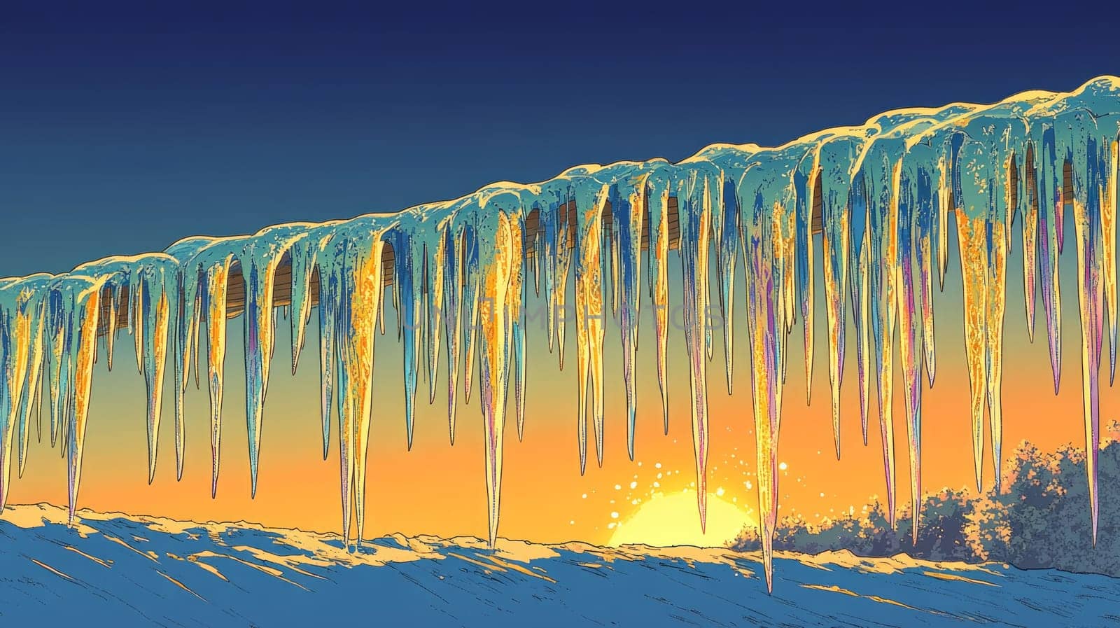Long icicles hanging from the edge of a roof, catching the light of the setting sun, casting golden and blue hues across the frozen, translucent surfaces.