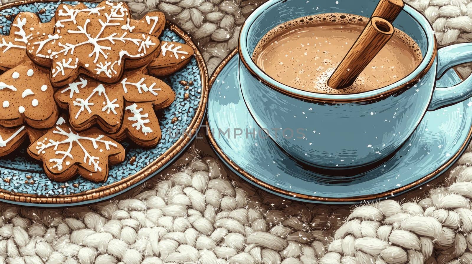A cup of hot cocoa with a cinnamon stick stirring inside, set next to a plate of gingerbread cookies on a knit blanket, creating a festive winter scene.