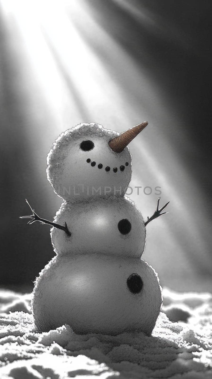 A small snowman beginning to melt under the soft rays of the midday sun, with its head tilted slightly, creating a bittersweet and fleeting winter image.