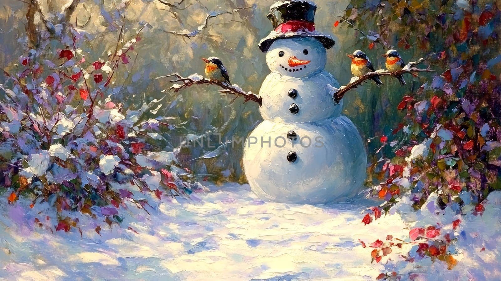 A snowman standing quietly in a snowy garden, with small birds perched on its arms and hat, creating a peaceful and heartwarming winter scene.