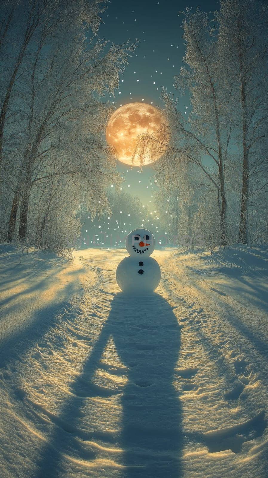 A single snowman standing under a full moon, its coal eyes and carrot nose casting long shadows on the snow, with frosty trees in the background.