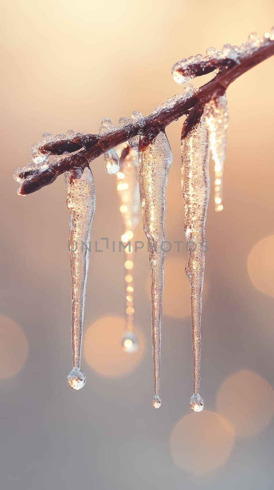 A close-up of small icicles dripping slowly from the edge of a branch, with each droplet catching the light, frozen mid-air as tiny beads of ice.